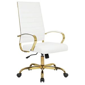 landsun home office chair high back executive chair ribbed pu leather computer desk chair with armrests soft padded adjustable height swivel conference gold frame white