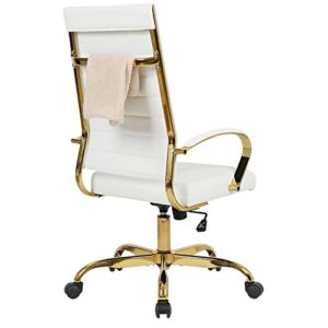 LANDSUN Home Office Chair High Back Executive Chair Ribbed PU Leather Computer Desk Chair with Armrests Soft Padded Adjustable Height Swivel Conference Gold Frame White