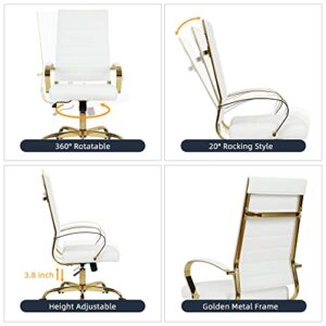 LANDSUN Home Office Chair High Back Executive Chair Ribbed PU Leather Computer Desk Chair with Armrests Soft Padded Adjustable Height Swivel Conference Gold Frame White