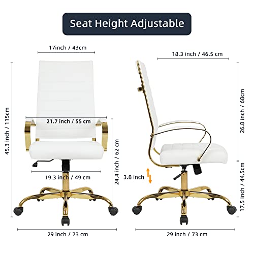 LANDSUN Home Office Chair High Back Executive Chair Ribbed PU Leather Computer Desk Chair with Armrests Soft Padded Adjustable Height Swivel Conference Gold Frame White