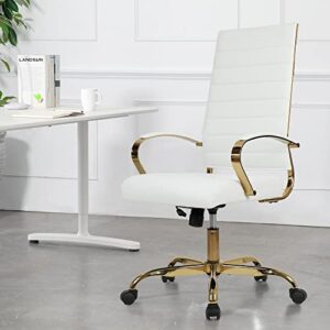 LANDSUN Home Office Chair High Back Executive Chair Ribbed PU Leather Computer Desk Chair with Armrests Soft Padded Adjustable Height Swivel Conference Gold Frame White