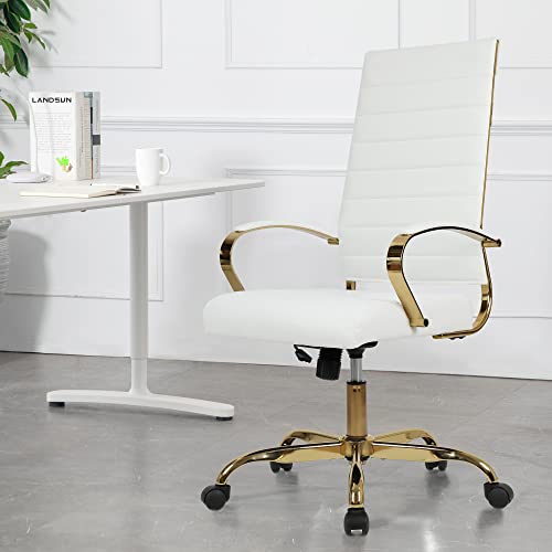 LANDSUN Home Office Chair High Back Executive Chair Ribbed PU Leather Computer Desk Chair with Armrests Soft Padded Adjustable Height Swivel Conference Gold Frame White