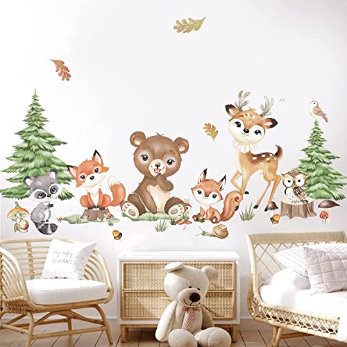 decalmile Woodland Animals Wall Stickers Bear Deer Fox Pine Tree Wall Decals Baby Nursery Kids Room Living Room Wall Decor