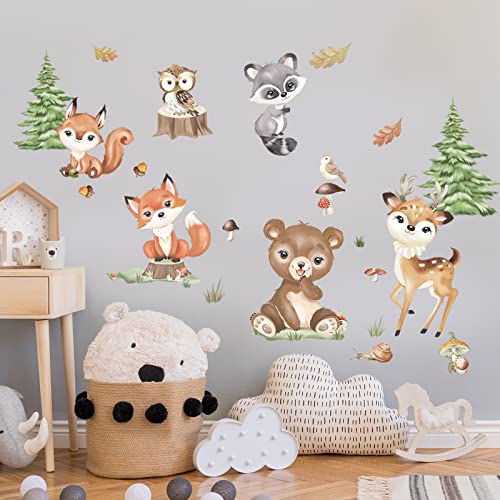 decalmile Woodland Animals Wall Stickers Bear Deer Fox Pine Tree Wall Decals Baby Nursery Kids Room Living Room Wall Decor