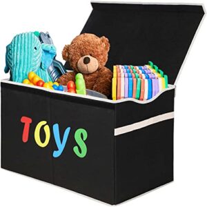 victor's large toy box chest with lid, collapsible sturdy toy storage organizer boxes bins baskets for kids, boys, girls, nursery, playroom, 26.8"x13.8" x16" (black)