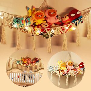 Stuffed Animal Storage Net or Hammock with LED Light, Toy Storage Hammock Organizer Net with Hooks for Hanging, Nursery Furniture Boho Plush Net Macrame for Bedroom Playroom Preschool Nursery Decor