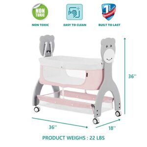 Dream on Me Cub Portable Bassinet in Pink, Multi-Use Baby Bassinet with Locking Wheels, Large Storage Basket, Mattress Pad Included, JPMA Certified