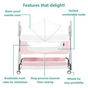 Dream on Me Cub Portable Bassinet in Pink, Multi-Use Baby Bassinet with Locking Wheels, Large Storage Basket, Mattress Pad Included, JPMA Certified