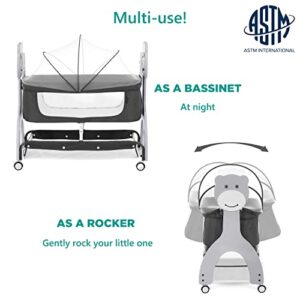 Dream on Me Cub Portable Bassinet in Dark Grey, Multi-Use Baby Bassinet with Locking Wheels, Large Storage Basket, Mattress Pad Included, JPMA Certified