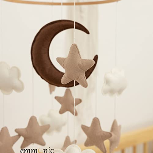 Handmade Baby Mobile for Crib - Modern Boho Baby Mobile - Felt Nursery Mobile Gender Neutral - Brown Stars, White Clouds and Moon
