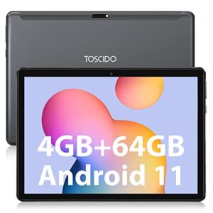toscido android 11 tablet, 10 inch tablet, 4gb ram 64gb storage, octa-core processor, hd ips display, dual camera, wi-fi support, bluetooth, gps, fm, usb type-c charging, tablet grey