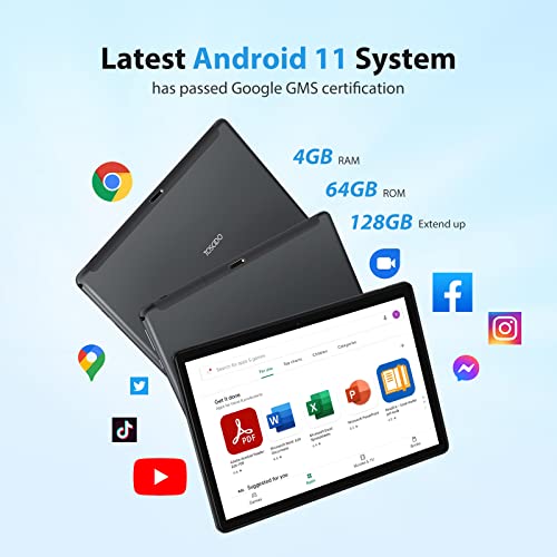 TOSCiDO Android 11 Tablet, 10 inch Tablet, 4GB RAM 64GB Storage, Octa-Core Processor, HD IPS Display, Dual Camera, Wi-Fi Support, Bluetooth, GPS, FM, USB Type-C Charging, Tablet Grey