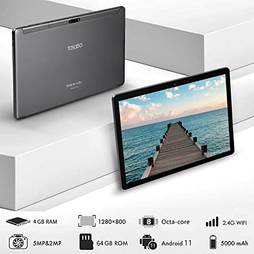 TOSCiDO Android 11 Tablet, 10 inch Tablet, 4GB RAM 64GB Storage, Octa-Core Processor, HD IPS Display, Dual Camera, Wi-Fi Support, Bluetooth, GPS, FM, USB Type-C Charging, Tablet Grey