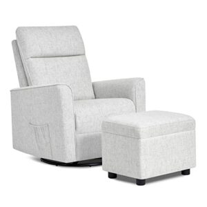 evolur aria upholstered plush seating swivel with ottoman greenguard gold certified glider chair for modern nursery, with side pockets, tool-free assembly, easy to clean, fog grey