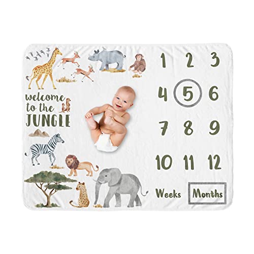 Sweet Jojo Designs Jungle Animals Milestone Blanket Monthly Newborn First Year Growth Mat Baby Shower Memory Hunter Green Yellow Grey Black White Wildlife Safari Elephant Giraffe Lion Monkey Leopard