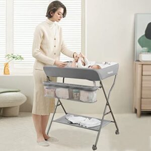 maydolly diaper changing table with wheels, foldable nursery organizer - adjustable height changing station with large storage racks for newborn baby and infant, gray