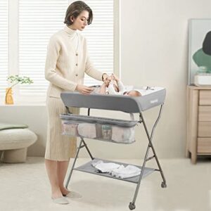 Maydolly Diaper Changing Table with Wheels, Foldable Nursery Organizer - Adjustable Height Changing Station with Large Storage Racks for Newborn Baby and Infant, Gray