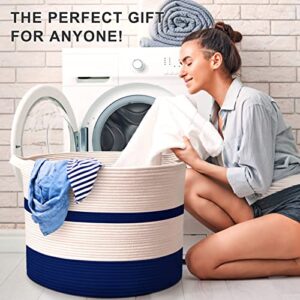 Mtesbonnie Large Cotton Rope Basket 21.7" x 21.7" x 13.8" Blanket Holder Basket Nursery Baby Laundry Basket Woven Soft Toy Storage Basket with Handle for Comforter Cushions Thread Home Decor Basket