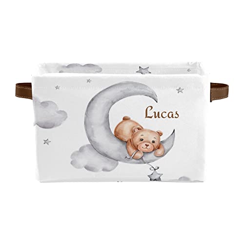 Teddy Bears Moon Clouds Personalized Storage Basket ,Custom Storage Boxs Bins Cubes Organizer with Handle for Bedroom Wardrobe Nursery Basket 1 Pack