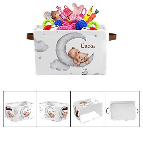 Teddy Bears Moon Clouds Personalized Storage Basket ,Custom Storage Boxs Bins Cubes Organizer with Handle for Bedroom Wardrobe Nursery Basket 1 Pack