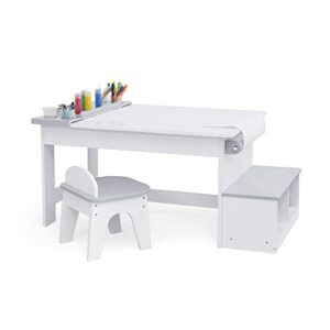 fantasy fields little monet art table with built-in paint tray, paper roll holder, storage hooks, bench with shelves, & stool, white/gray