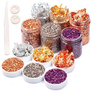 crushed glass and gold foil flakes for resin, 6 box irregular glitter metallic flakes and metallic chips with tweezers for diy resin geode craft and nail art decorations