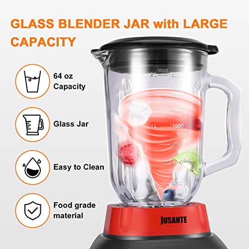 JUSANTE Blender Smoothie Countertop Blender with 64 oz Glass Jar 1200 Watts Professional Kitchen Blender for Shakes and Smoothies Red High-Speed Smoothie Blender for Smoothies Ice and Frozen Fruit with Autonomous Clean