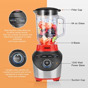 JUSANTE Blender Smoothie Countertop Blender with 64 oz Glass Jar 1200 Watts Professional Kitchen Blender for Shakes and Smoothies Red High-Speed Smoothie Blender for Smoothies Ice and Frozen Fruit with Autonomous Clean