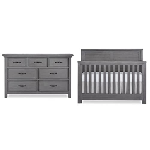 Evolur Belmar Double Dresser in Rustic Grey, 54x20.25x33 Inch (Pack of 1) & Belmar Flat 5-in-1 Convertible Crib in Rustic Grey, Greenguard Gold Certified