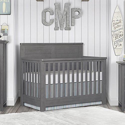 Evolur Belmar Double Dresser in Rustic Grey, 54x20.25x33 Inch (Pack of 1) & Belmar Flat 5-in-1 Convertible Crib in Rustic Grey, Greenguard Gold Certified