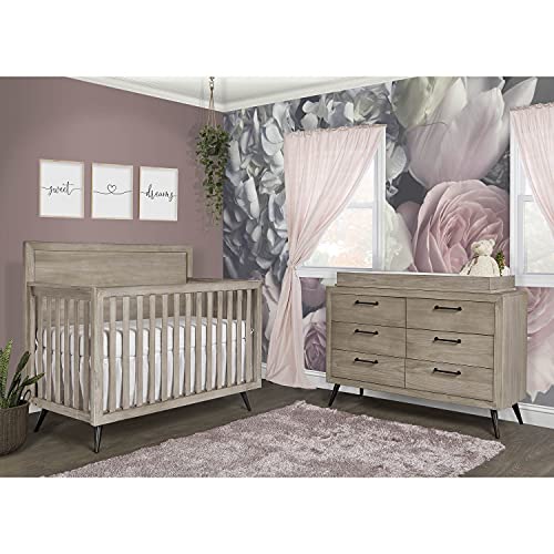 Evolur Stilnovo Mid Century Double-Dresser, Windsor Oak Grey, 52x18x35 Inch (Pack of 1) & Stilnovo Mid Century 4-in-1 Convertible Crib in Windsor Oak Grey, 56x30.25x47 Inch (Pack of 1)