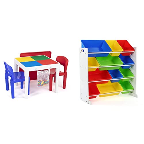 Humble Crew, White/Blue/Red Kids 2-in-1 Plastic Building Blocks-Compatible Activity Table and 2 Chairs Set, Square, Toddler & White/Primary Kids' Toy Storage Organizer with 12 Plastic Bins