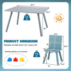 HONEY JOY Kids Table and Chair Set, Pine Wood Toddler Table and 4 Chair Set w/Building Blocks, 5 Pieces Children Furniture Set for Daycare, Classroom, Playroom, Gift for Boys Girls (Blue)