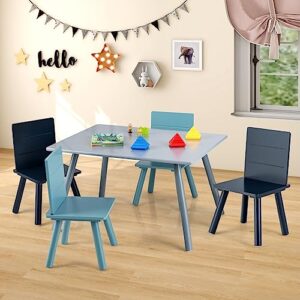 HONEY JOY Kids Table and Chair Set, Pine Wood Toddler Table and 4 Chair Set w/Building Blocks, 5 Pieces Children Furniture Set for Daycare, Classroom, Playroom, Gift for Boys Girls (Blue)