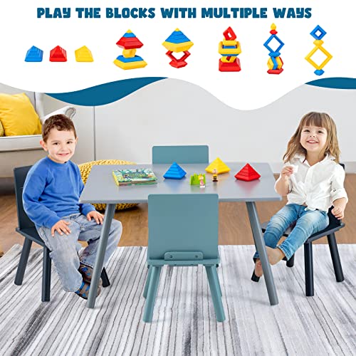 HONEY JOY Kids Table and Chair Set, Pine Wood Toddler Table and 4 Chair Set w/Building Blocks, 5 Pieces Children Furniture Set for Daycare, Classroom, Playroom, Gift for Boys Girls (Blue)