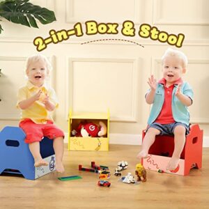 FUNLIO Stackable Wooden Toy Box with Lid (3pcs), 2-in-1 Toy Chest & Stool, Colorful Fruit Design Toy Chest for Boys/Girls, Cute Small Toy Storage Bins for Living Room/Bedroom, Easy to Carry & Assemble