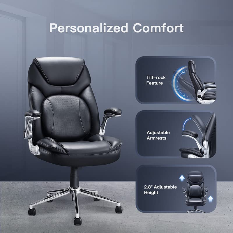 HUANUO Leather Office Chair, Executive Computer Desk Chair, Executive Office Chair with Adjustable Flip-up Arms, Leather Desk Chair with Lumbar Support