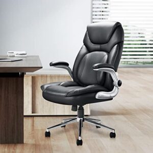 HUANUO Leather Office Chair, Executive Computer Desk Chair, Executive Office Chair with Adjustable Flip-up Arms, Leather Desk Chair with Lumbar Support