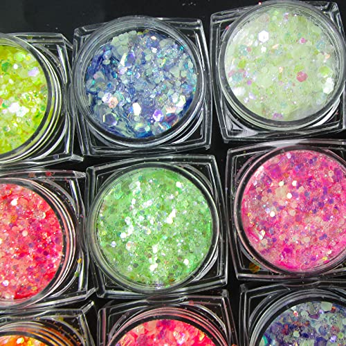 12 Colors Night Glow Chunky Glitters Flakes Luminous Neon Powder Glitter Sequins for Acrylic Nails/Crafts/Resin/Makeup/Festival/Slime