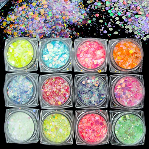 12 Colors Night Glow Chunky Glitters Flakes Luminous Neon Powder Glitter Sequins for Acrylic Nails/Crafts/Resin/Makeup/Festival/Slime