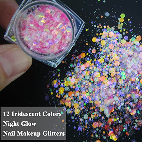 12 Colors Night Glow Chunky Glitters Flakes Luminous Neon Powder Glitter Sequins for Acrylic Nails/Crafts/Resin/Makeup/Festival/Slime