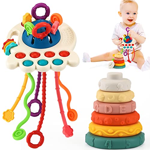 Baby toys for 6 to 12 Months Sensory Montessori Toys for 1 Year Old, Pull String & Stacking Toys for Early Development, Teething Travel Toys for Car Seat, Gifts for Infant 8 9 12 18 Months Toddler 1 2