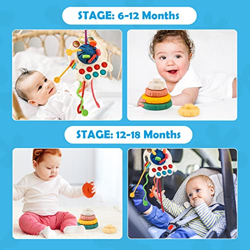 Baby toys for 6 to 12 Months Sensory Montessori Toys for 1 Year Old, Pull String & Stacking Toys for Early Development, Teething Travel Toys for Car Seat, Gifts for Infant 8 9 12 18 Months Toddler 1 2