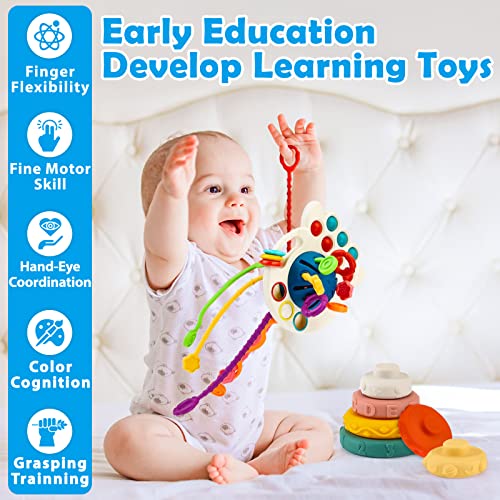 Baby toys for 6 to 12 Months Sensory Montessori Toys for 1 Year Old, Pull String & Stacking Toys for Early Development, Teething Travel Toys for Car Seat, Gifts for Infant 8 9 12 18 Months Toddler 1 2