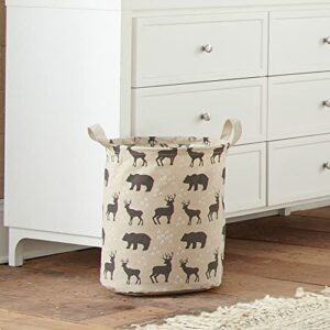 Levtex Baby - Logan Nursery Hamper - Round Fabric Storage Hamper - Bears and Deers - Taupe and Black - Nursery Accessories - Size: 14 x 19in.