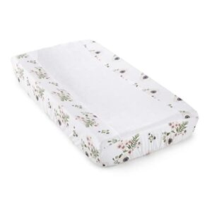 levtex baby - fiori diaper changing pad cover - fits most standard changing pads - white plush, pink flower and green leaves - nursery accessories - plush