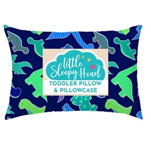 toddler pillow with toddler pillowcase - soft hypoallergenic - best pillow for kids! better neck support and sleeping! better naps in bed, a crib, or at school! makes travel comfier! (dinosaurs blue)