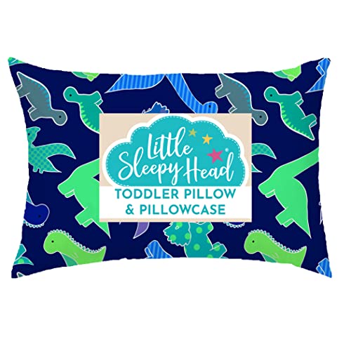 Toddler Pillow with Toddler Pillowcase - Soft Hypoallergenic - Best Pillow for Kids! Better Neck Support and Sleeping! Better Naps in Bed, a Crib, or at School! Makes Travel Comfier! (Dinosaurs Blue)