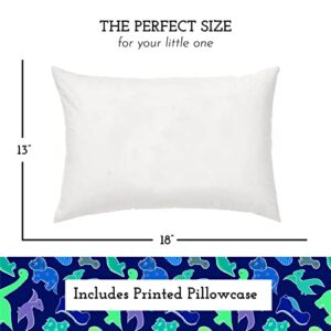 Toddler Pillow with Toddler Pillowcase - Soft Hypoallergenic - Best Pillow for Kids! Better Neck Support and Sleeping! Better Naps in Bed, a Crib, or at School! Makes Travel Comfier! (Dinosaurs Blue)