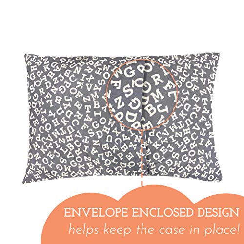 Toddler Pillow with Toddler Pillowcase - Soft Hypoallergenic - Best Pillow for Kids! Better Neck Support and Sleeping! Better Naps in Bed, a Crib, or at School! Makes Travel Comfier! (Alphabet Gray)